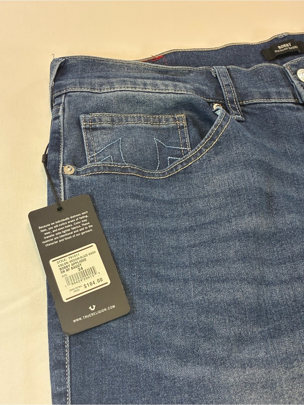 True Religion Men's Dark Blue Denim Jeans with Blue Logo Patches - Picture 4 of 11